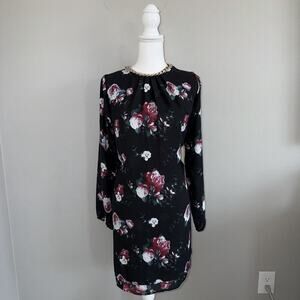 NWT Stella Tweed Womens Black Floral Shift Dress Chain Neckline Sz M Long Sleeve